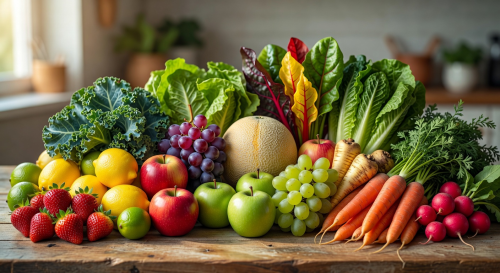 Beautiful arrangement of fresh fruits and vegetables showcasing seasonal produce