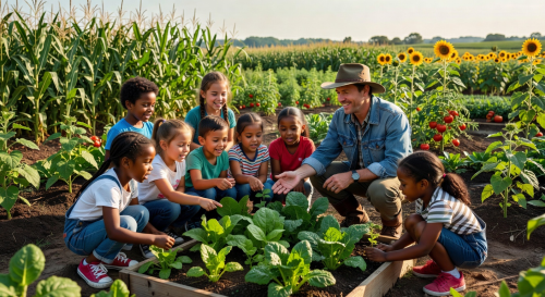 Children learning about plants during a guided educational farm tour