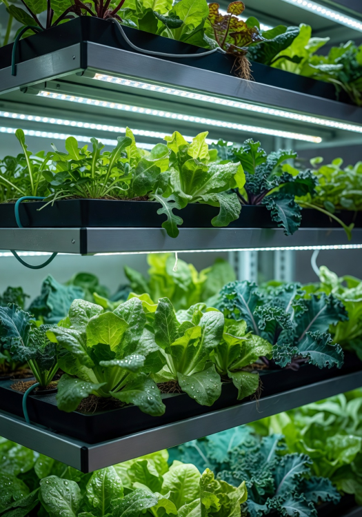 Close-up of healthy green plants growing in a modern vertical farming rack with LED grow lights