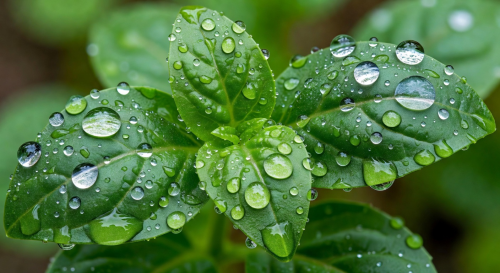 Close-up of water droplets on fresh green leaves, symbolizing water conservation