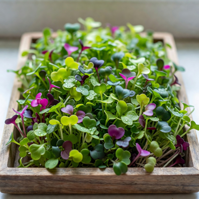 Colorful tray of fresh microgreens with tiny delicate leaves in various shades of green and purple