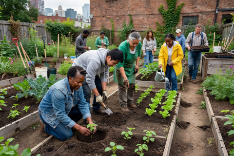 Community members planting seedlings together in an urban garden workshop
