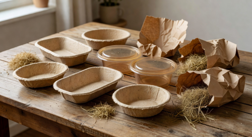 Compostable packaging materials arranged on a wooden surface