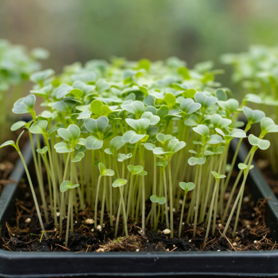 Delicate sunflower microgreens growing in a tray