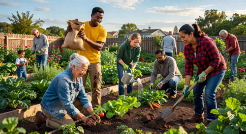 Diverse group of community members volunteering together at a local garden