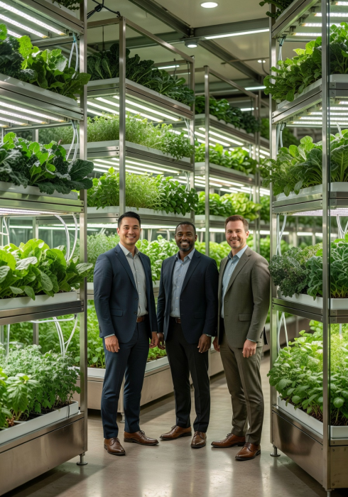 Founders of flowtriggerblast.fun standing proudly in their vertical farm facility surrounded by growing plants