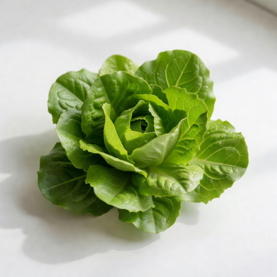 Fresh green butterhead lettuce with tender leaves arranged on a white surface
