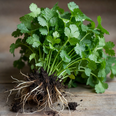 Fresh green cilantro bunch with visible roots