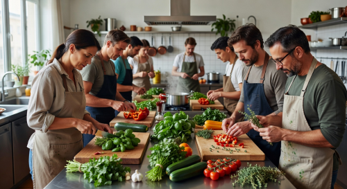 Fresh herbs and vegetables being prepared in a kitchen cooking class