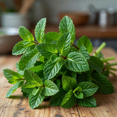 Fresh sprigs of green mint with serrated leaves, aromatic and ready for culinary use