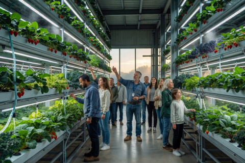 Group of visitors exploring a vertical farm facility during a guided tour