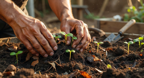 Hands planting small seedlings in organic soil