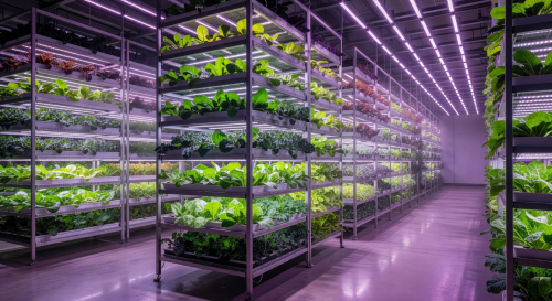 LED grow lights illuminating rows of green plants in a vertical farming tower system