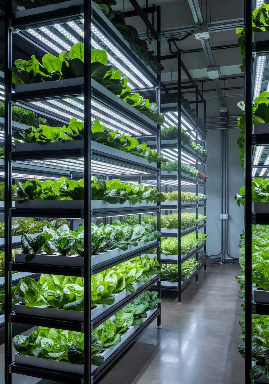 Lush vertical farm interior with rows of green lettuce growing under LED lights in a modern urban facility