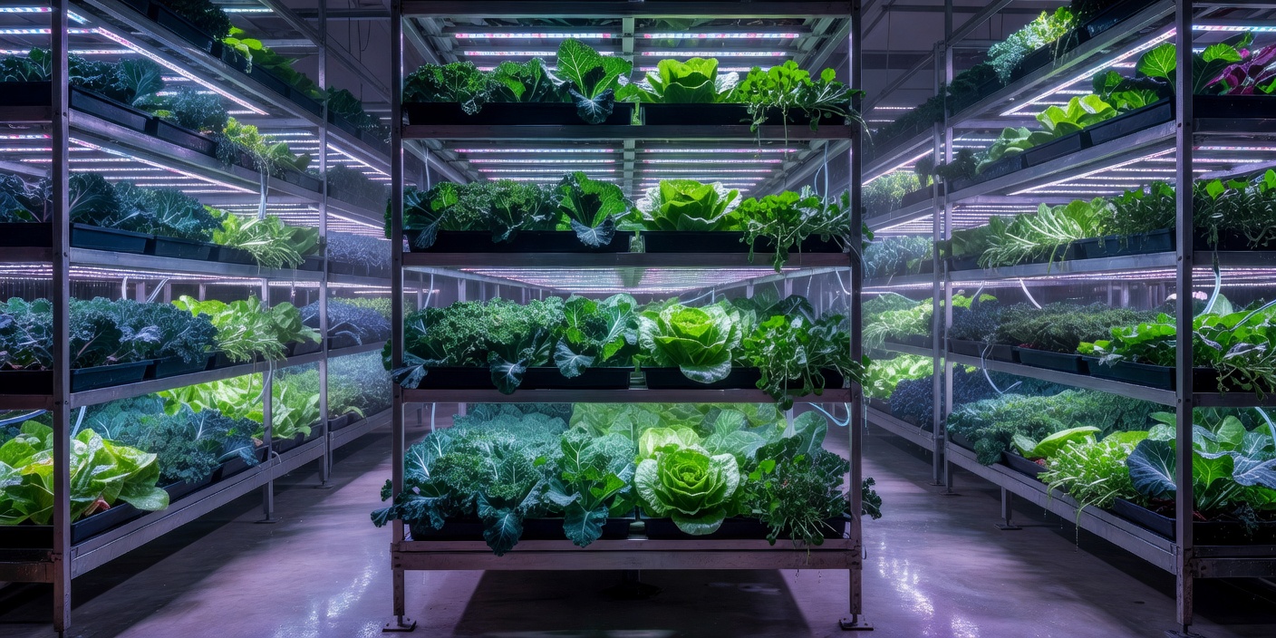 Panoramic view of the flowtriggerblast.fun vertical farm interior showing multiple levels of growing racks with LED lighting and lush green produce
