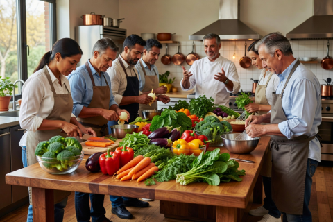 People attending a hands-on cooking class with fresh vegetables on the counter