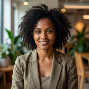 Portrait of Aisha Rahman, Head of Community, a woman with an engaging smile and natural hair