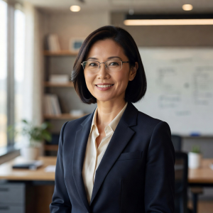 Portrait of Dr. Mei Lin, Co-Founder and CTO, a woman with glasses and a warm professional expression