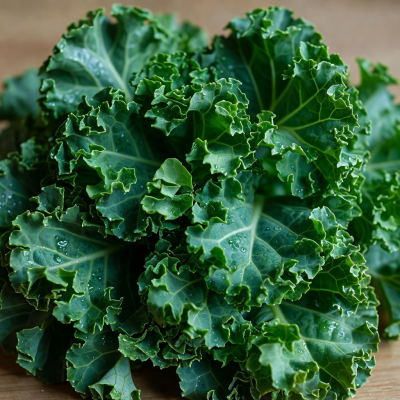 Vibrant fresh kale leaves with curly edges, deep green color, ready for healthy cooking